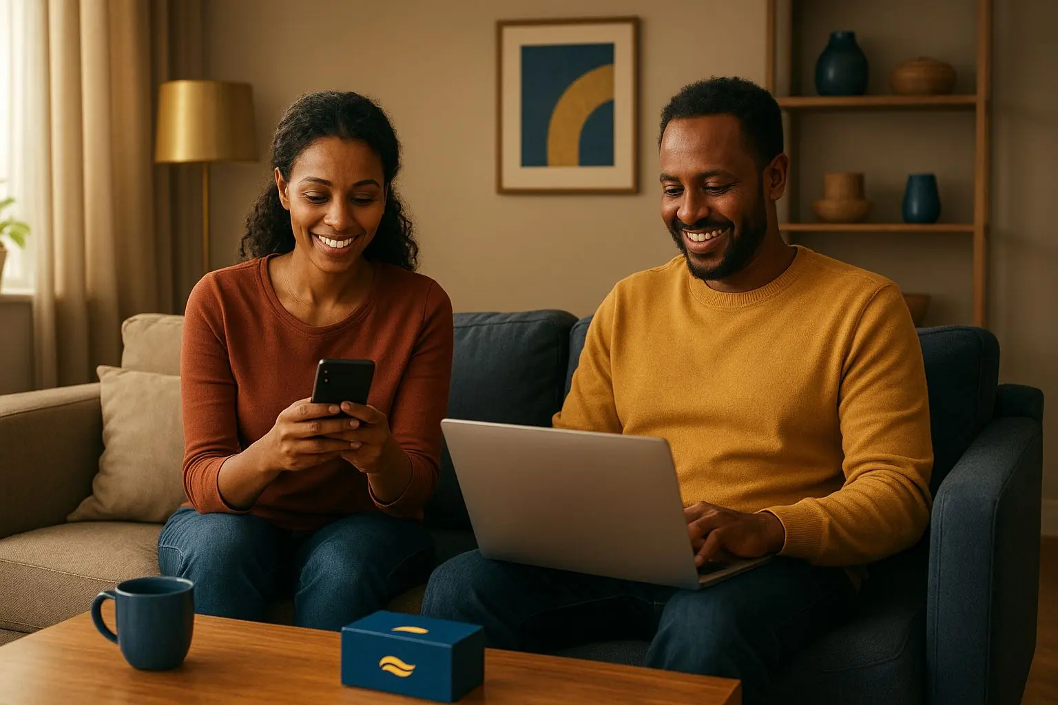 Fictional Ethiopian players enjoying online games comfortably at home on mobile devices