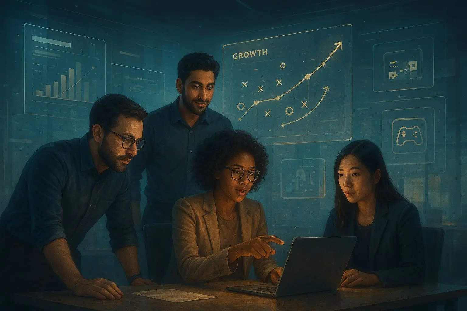 Creative illustration of a digital platform team shaping company growth and mission