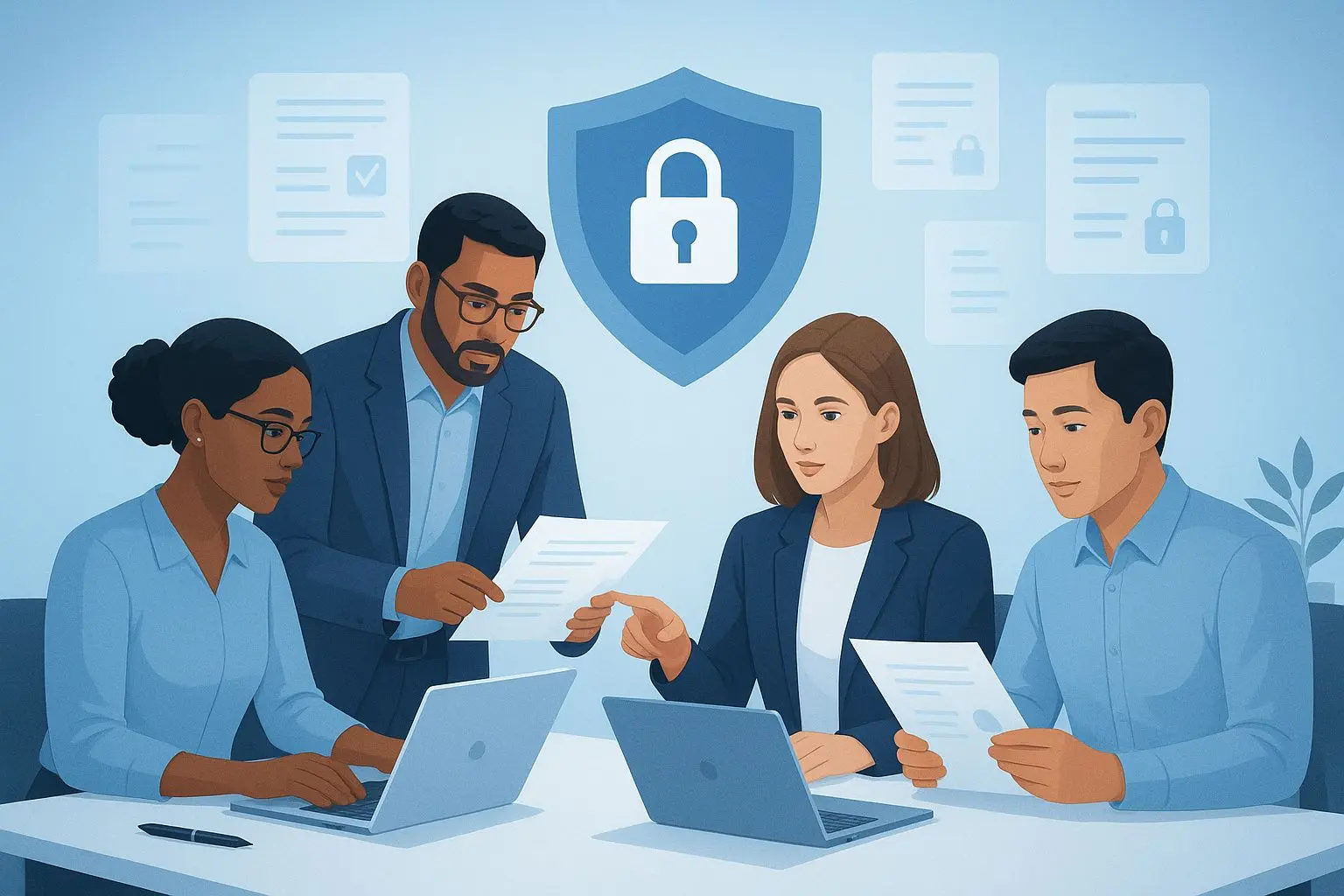 Compliance team reviewing security documents