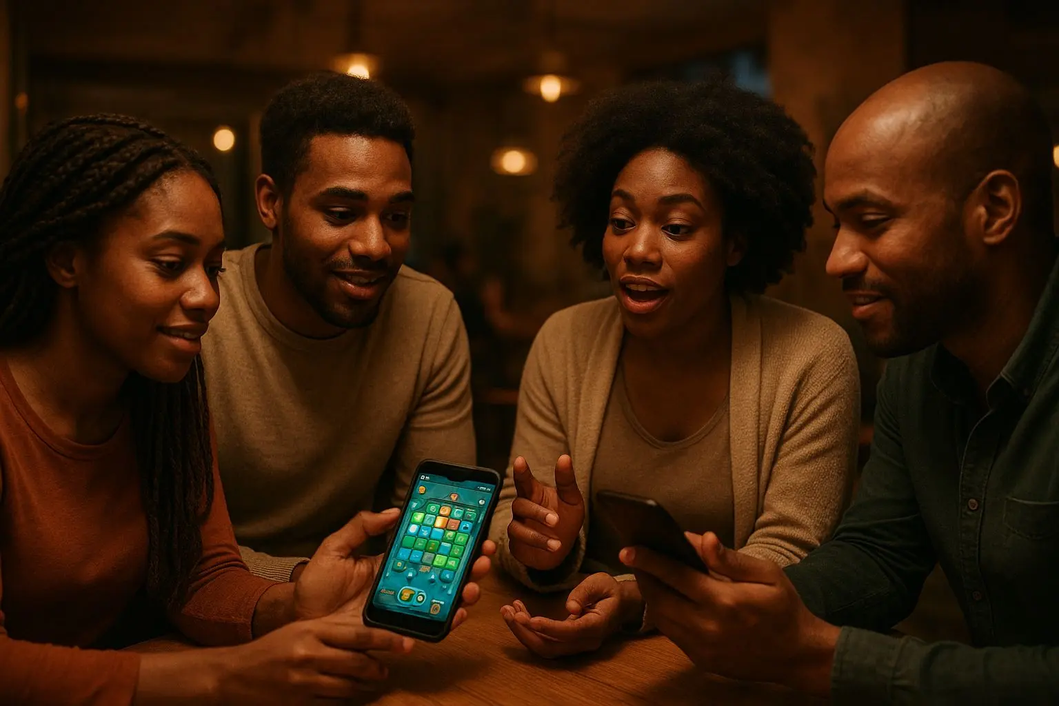 People discussing a mobile Aviator-style game in a neutral social setting