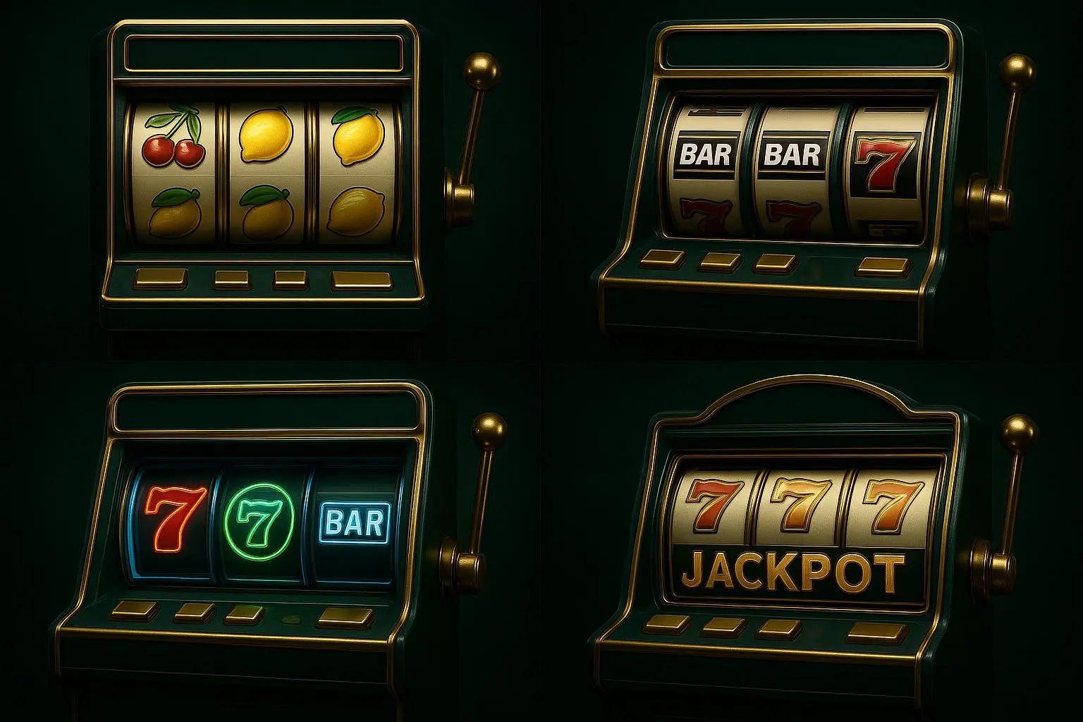 Four classic slot styles including fruit, BAR and 7s, retro Vegas and jackpot reels