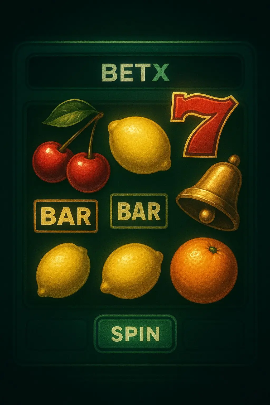 Classic slot symbols collage with fruits, BAR and 7s on a retro-style online gaming background