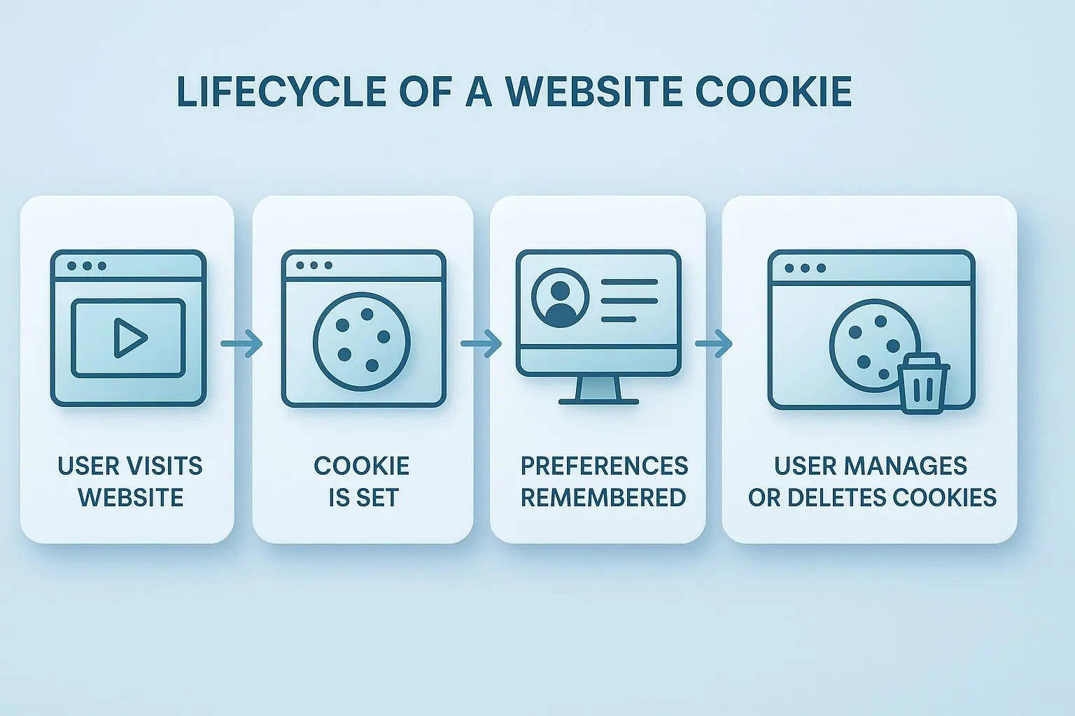 Diagram showing the lifecycle of cookies on a website from visit to settings control