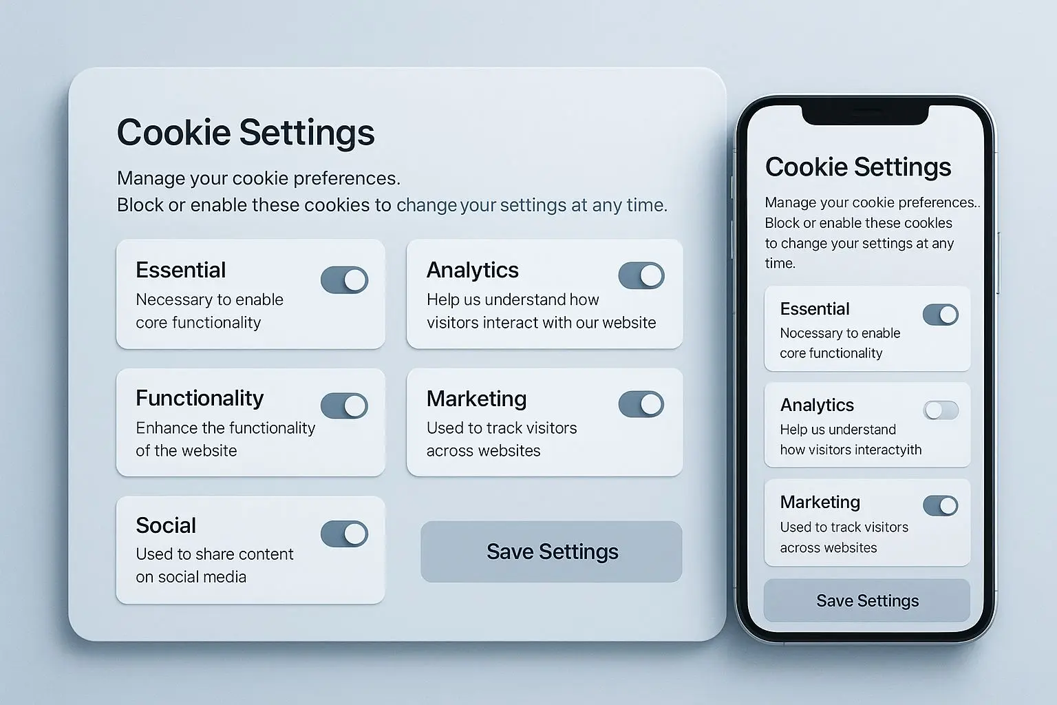 Cookie settings panel with category toggles on desktop and mobile