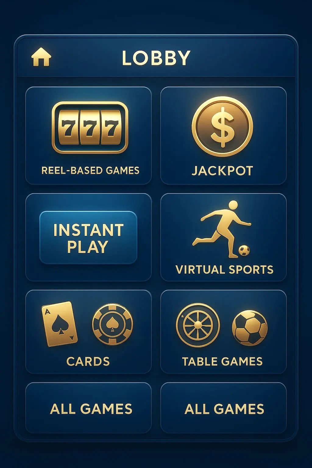 BetX game lobby with multiple game categories and icons