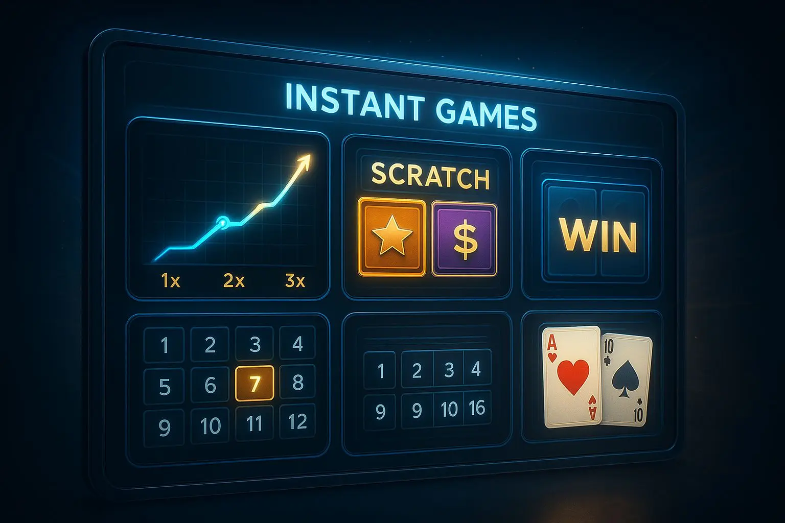 Different instant game types on one screen including crash cards and number picks