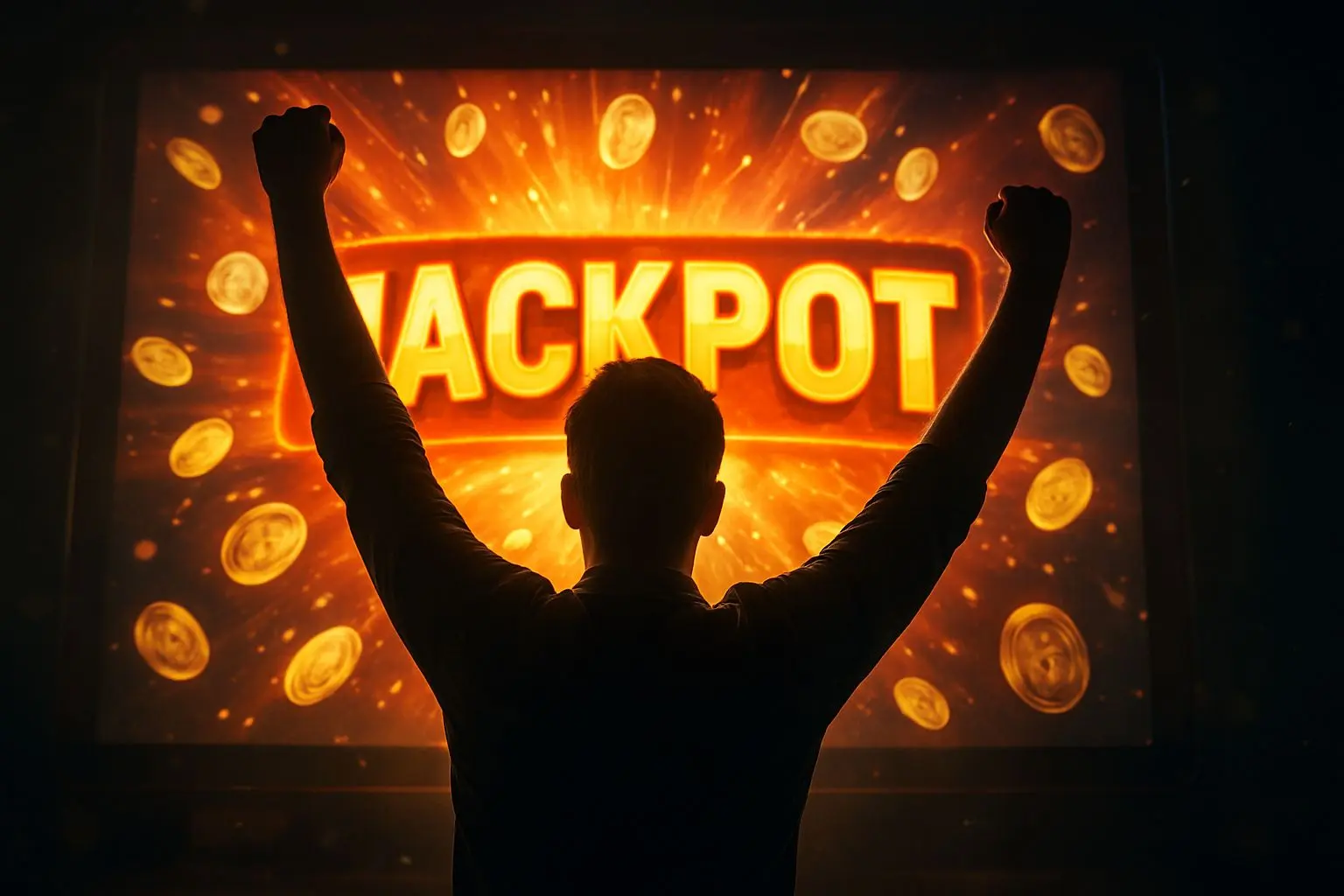 Winning jackpot moment with celebratory player and bright reward visuals