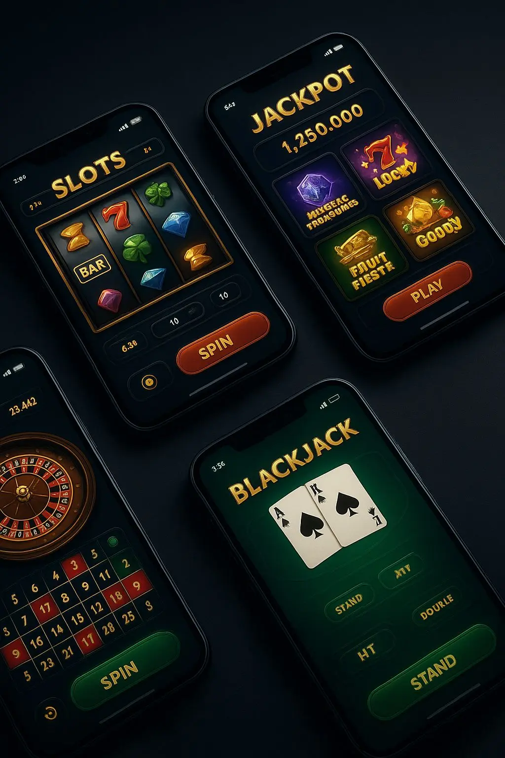 Mobile screens showing slot, jackpot, and table-style game interfaces