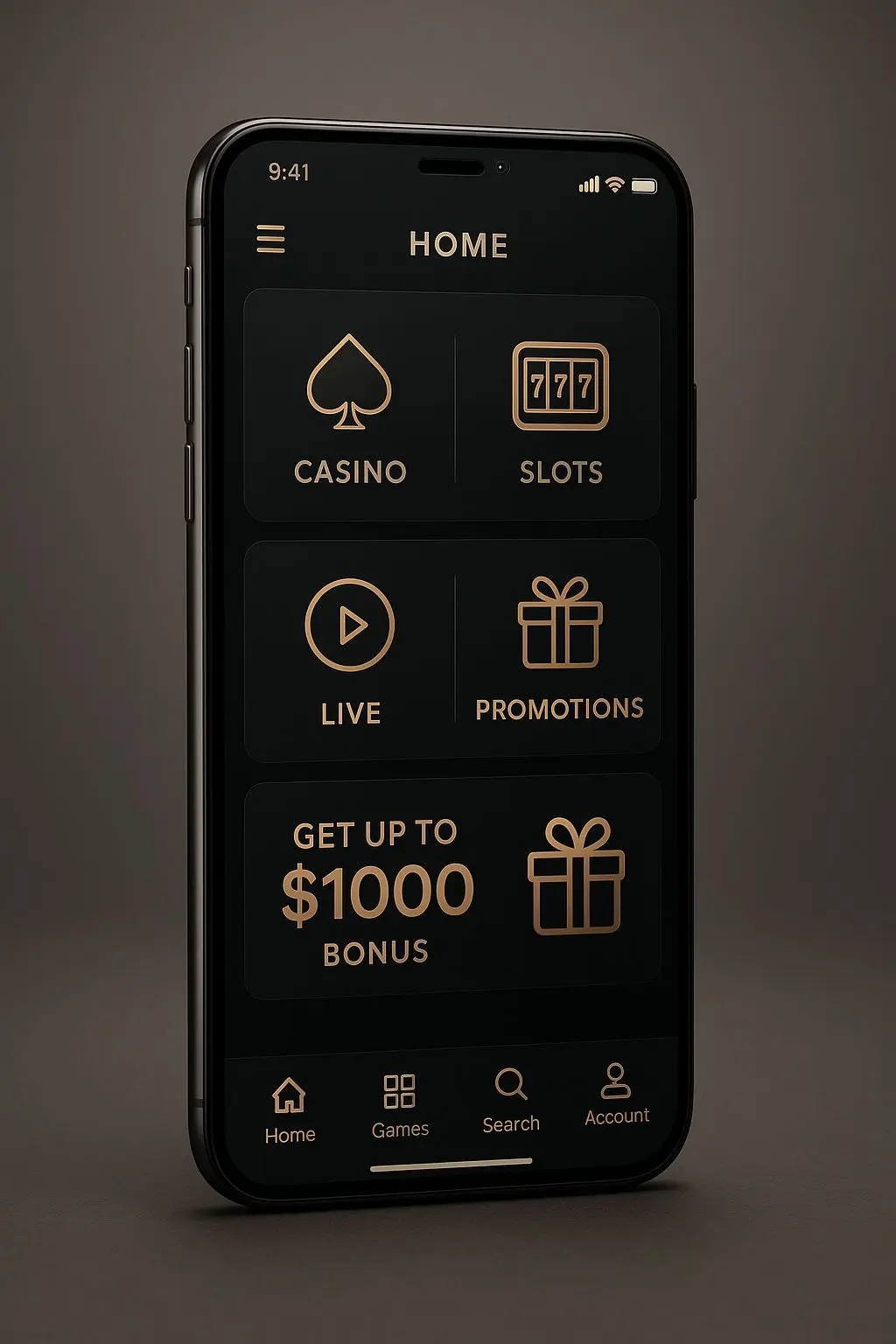 Smartphone showing a mobile gaming home screen with menu sections