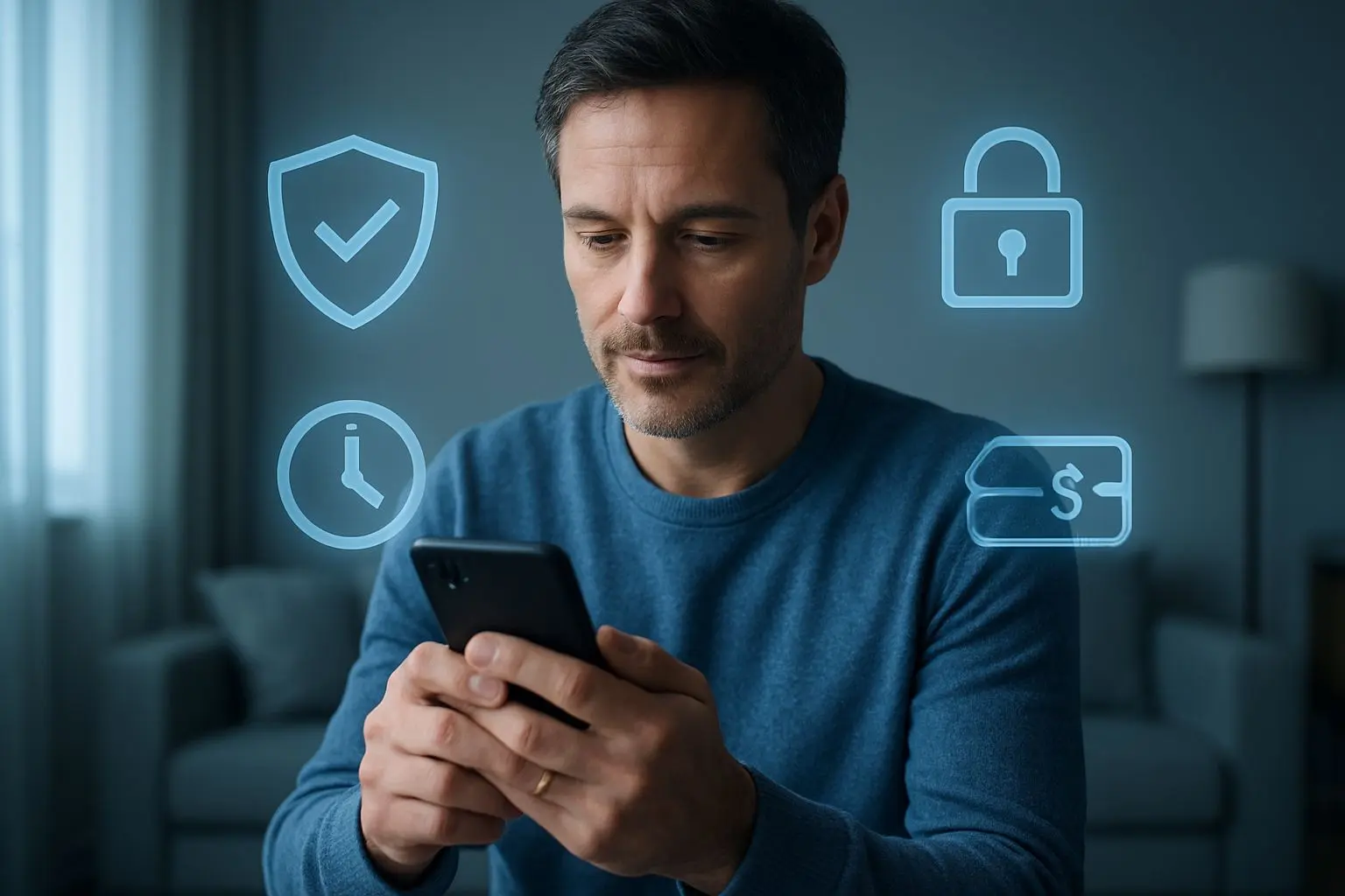 Safe mobile play concept with phone, shield, lock, and timer icons