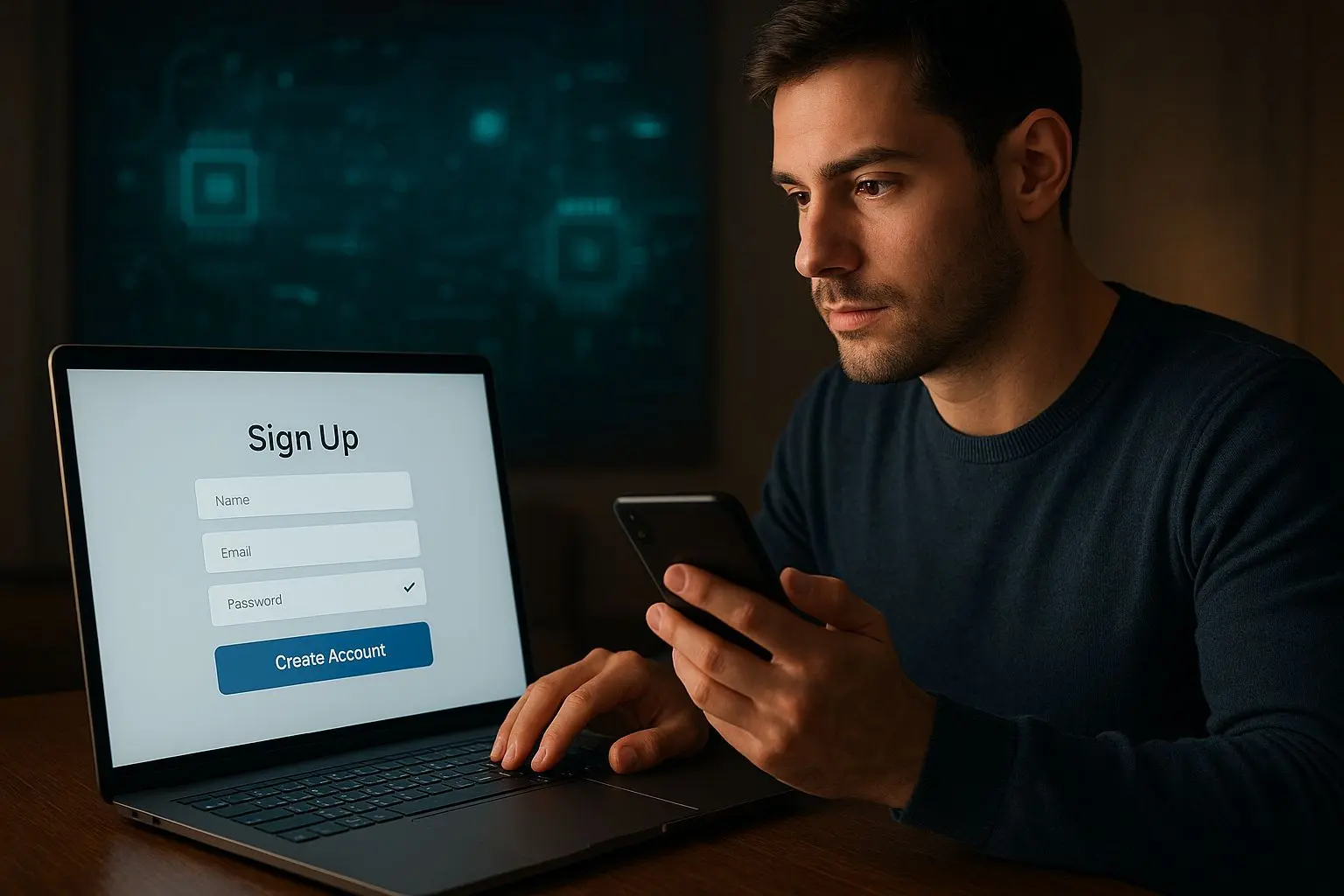 User completing online registration on laptop and phone