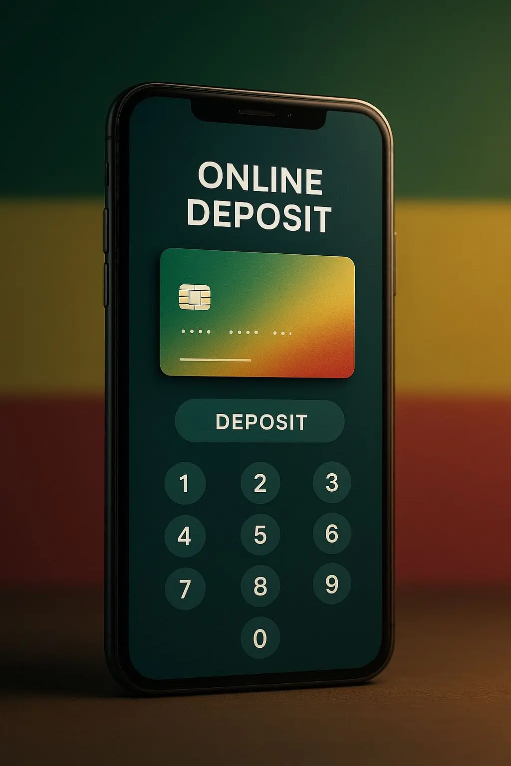 Online deposit with virtual card on smartphone in Ethiopia-themed colors