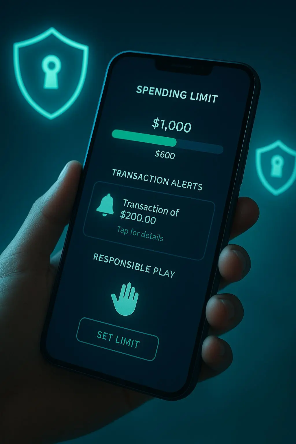Phone showing transaction alerts and spending controls for safer online payments