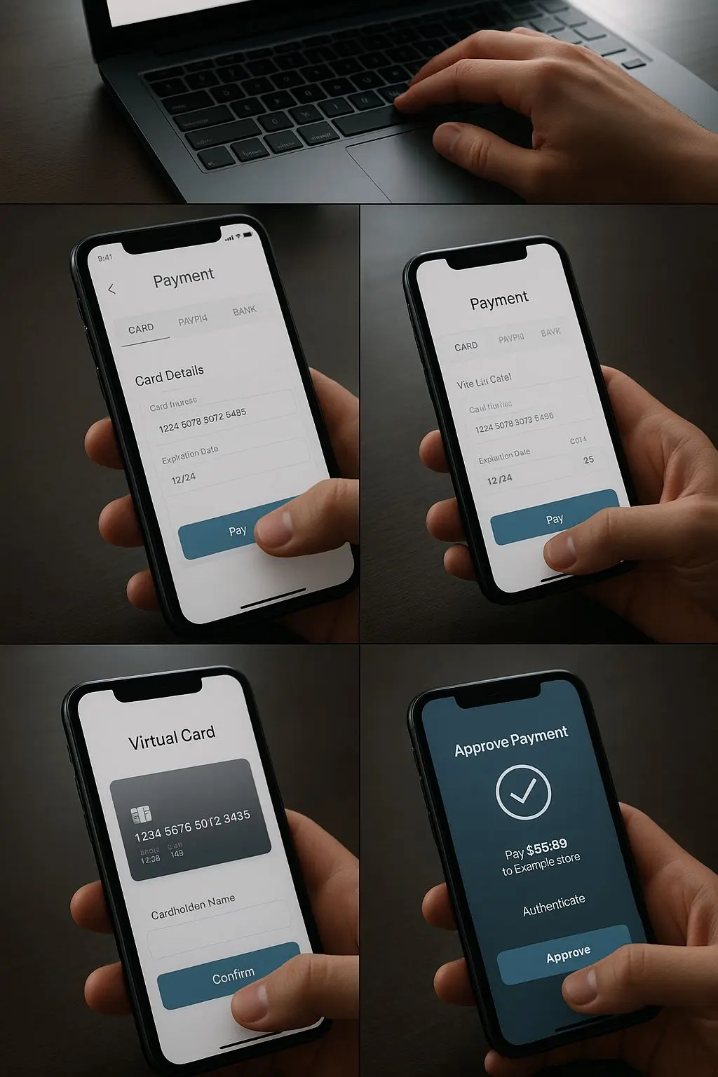 Step-by-step card deposit process on phone and laptop