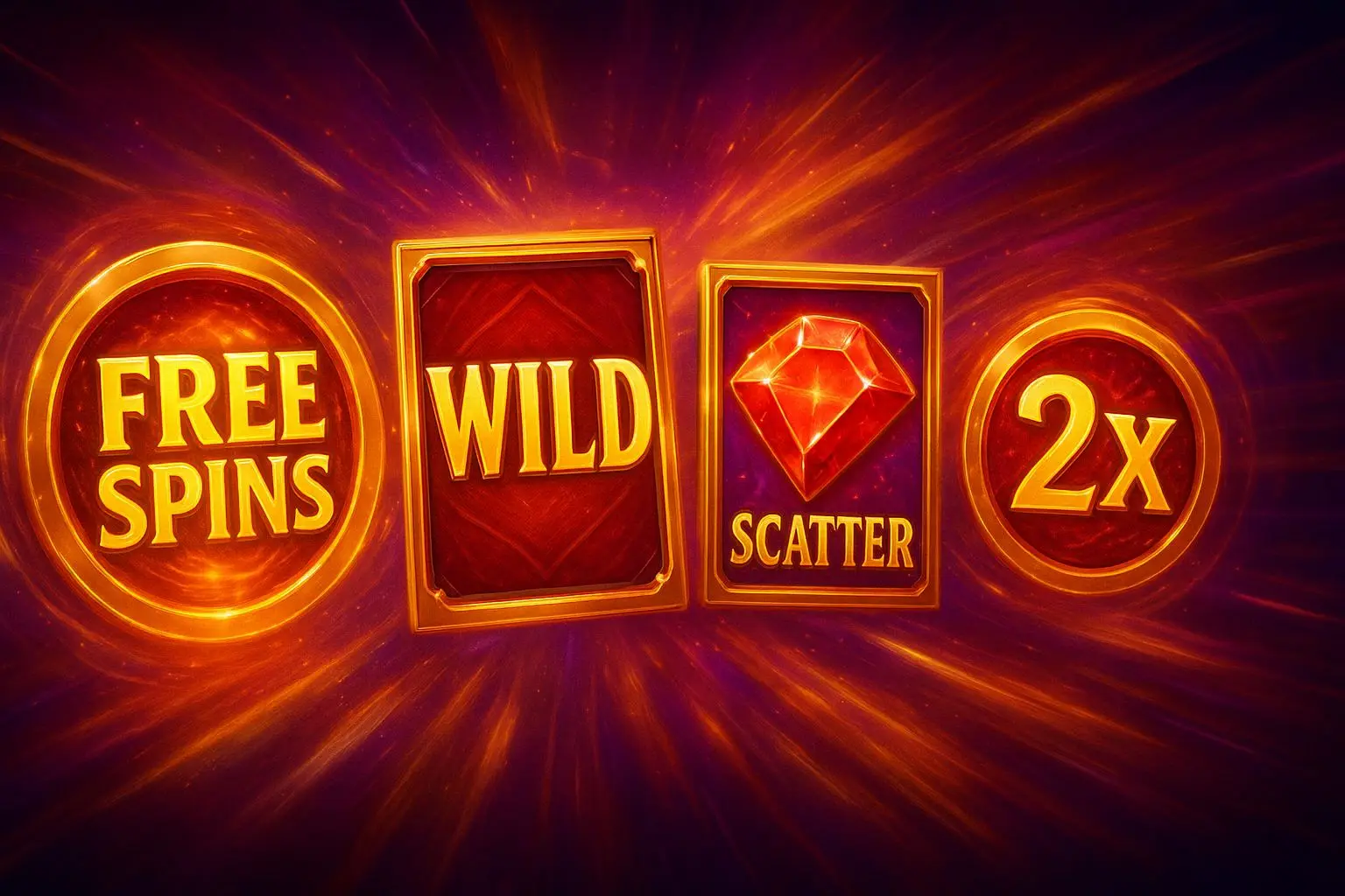Slot bonus features including free spins, wild and scatter symbols