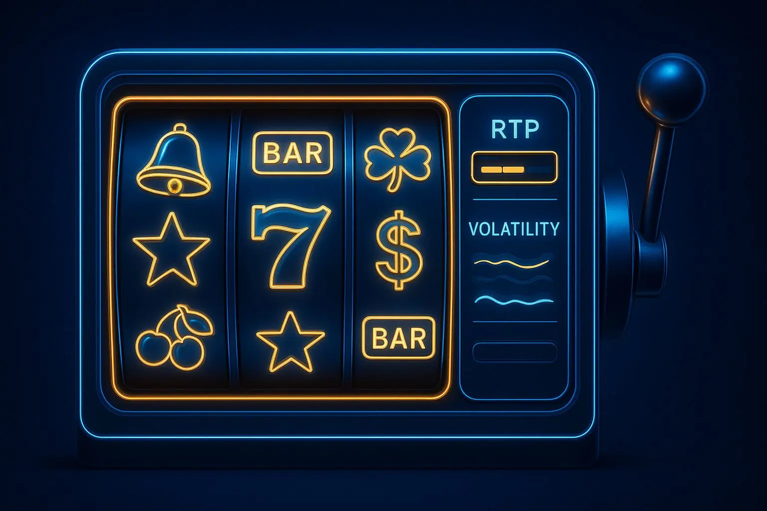 Slot machine visual with RTP and volatility indicators