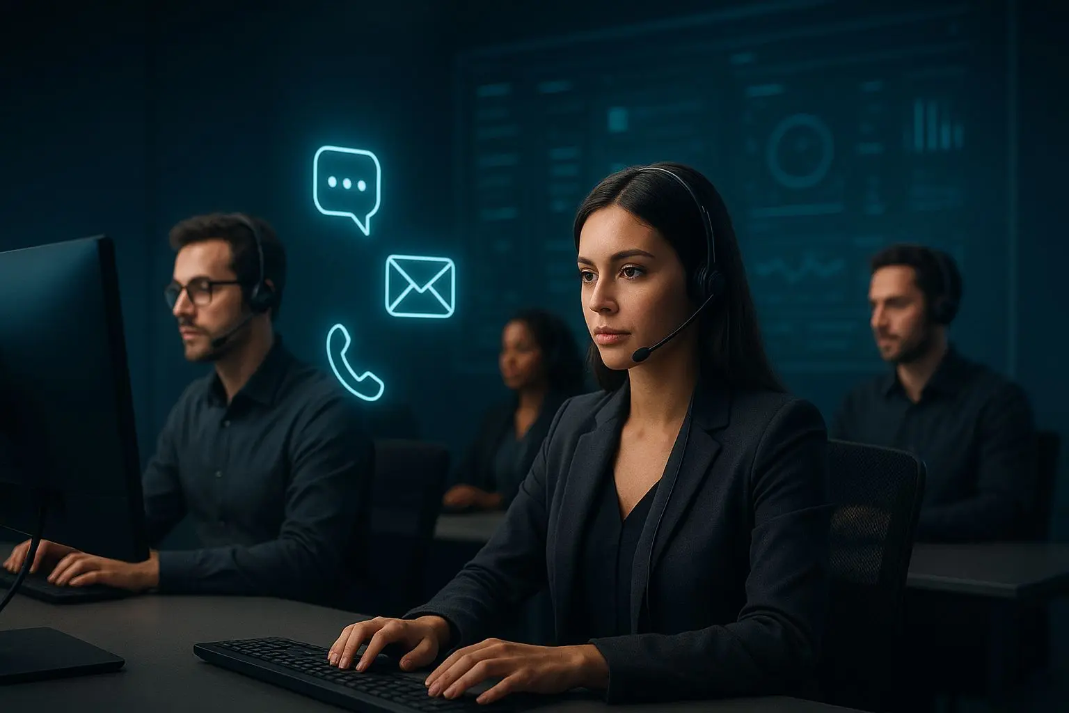 Support team with chat, email and phone icons